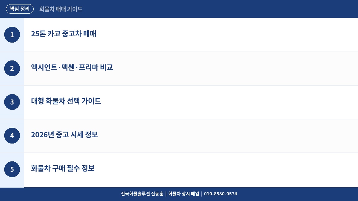 25톤 카고 중고 매매 – 엑시언트·맥쎈·프리마 대형 화물차 비교 2026 핵심 정리