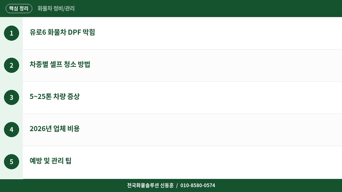 유로6 화물차 DPF 막힘 증상 – 5~25톤 차종별 셀프 청소와 2026년 업체 비용 핵심 정리