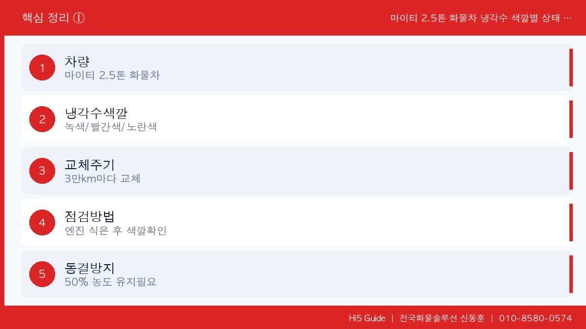마이티 2.5톤 화물차 냉각수 색깔별 상태 진단법과 3만km 교체 시기 기준 핵심 정리